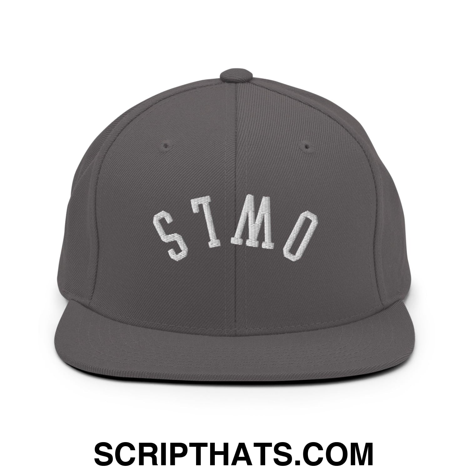 Gray flat bill brim snapback hat with white embroidered stmo lettering from upside down owls collection