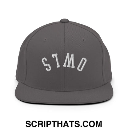 Gray flat bill brim snapback hat with white embroidered stmo lettering from upside down owls collection