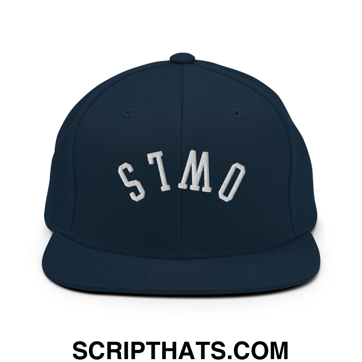 Navy blue flat bill brim snapback hat with white embroidered stmo lettering from upside down owls collection