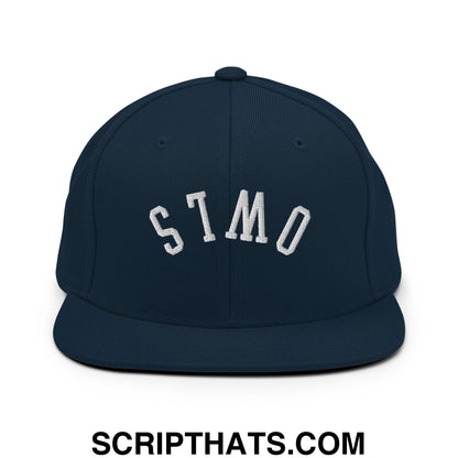 Navy blue flat bill brim snapback hat with white embroidered stmo lettering from upside down owls collection