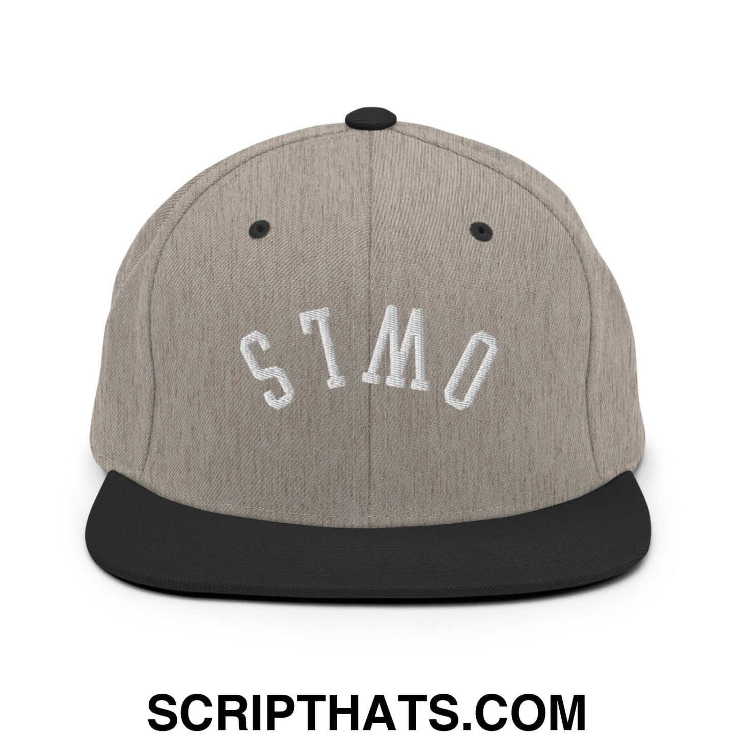 Gray and black snapback hat with white embroidered stmo lettering and flat bill brim from Upside Down Owls