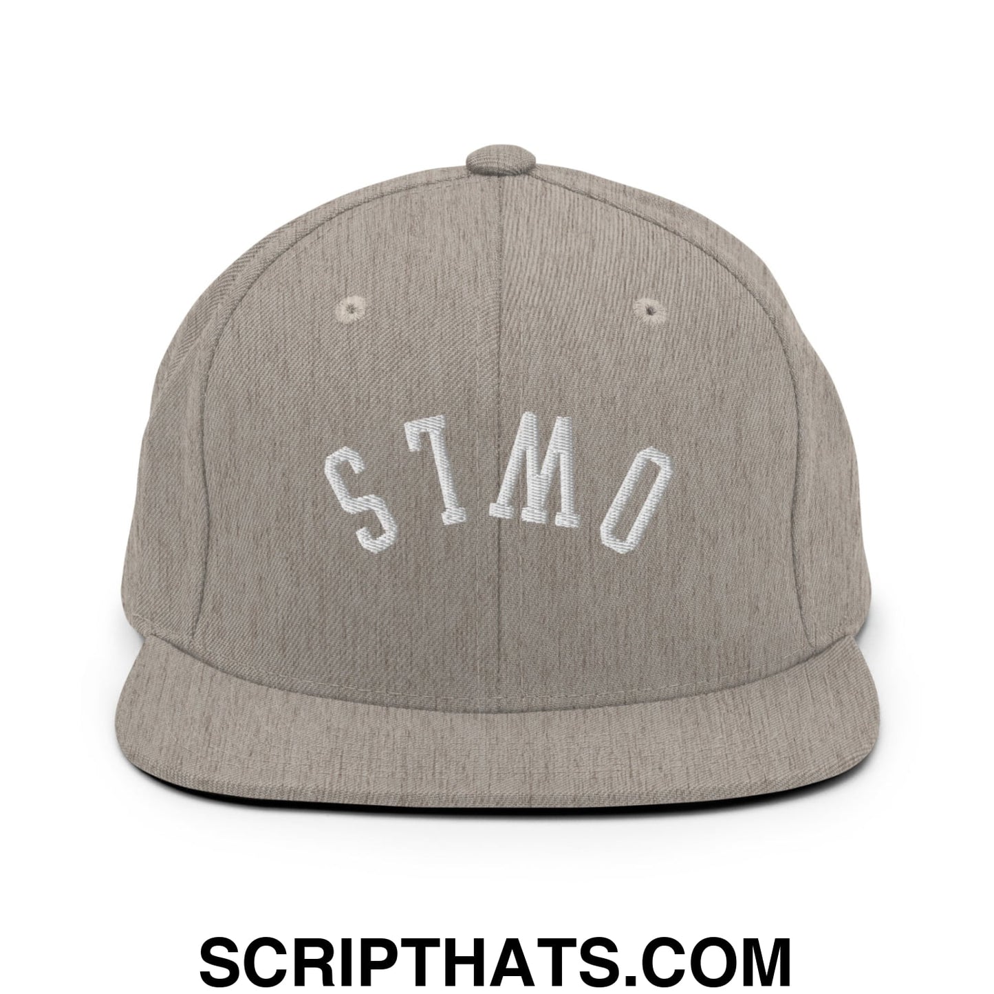 Gray heathered flat bill snapback hat with white embroidered stmo lettering from Upside Down Owls collection