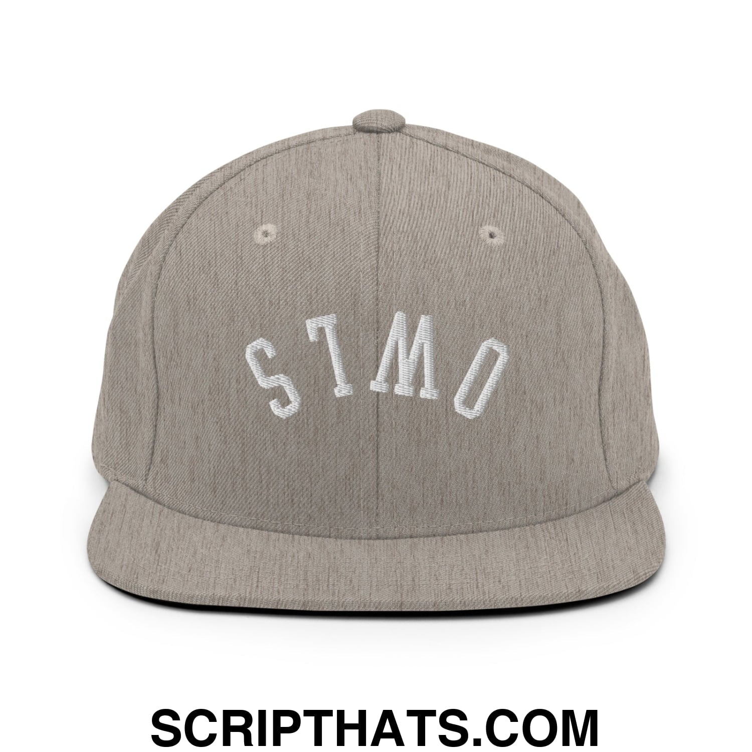 Gray heathered flat bill snapback hat with white embroidered stmo lettering from Upside Down Owls collection