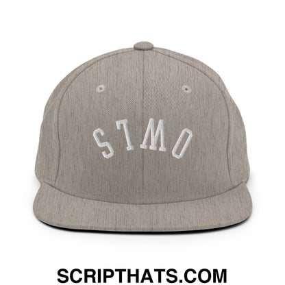 Gray heathered flat bill snapback hat with white embroidered stmo lettering from Upside Down Owls collection