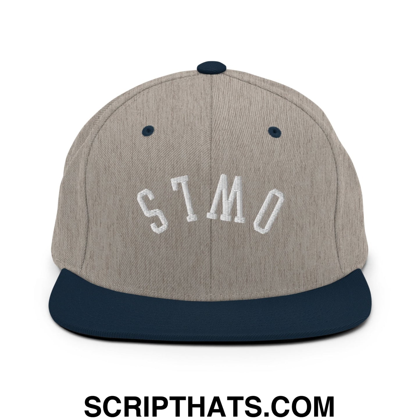 Gray and navy blue snapback hat with stmo white embroidered lettering and a flat bill brim by Upside Down Owls