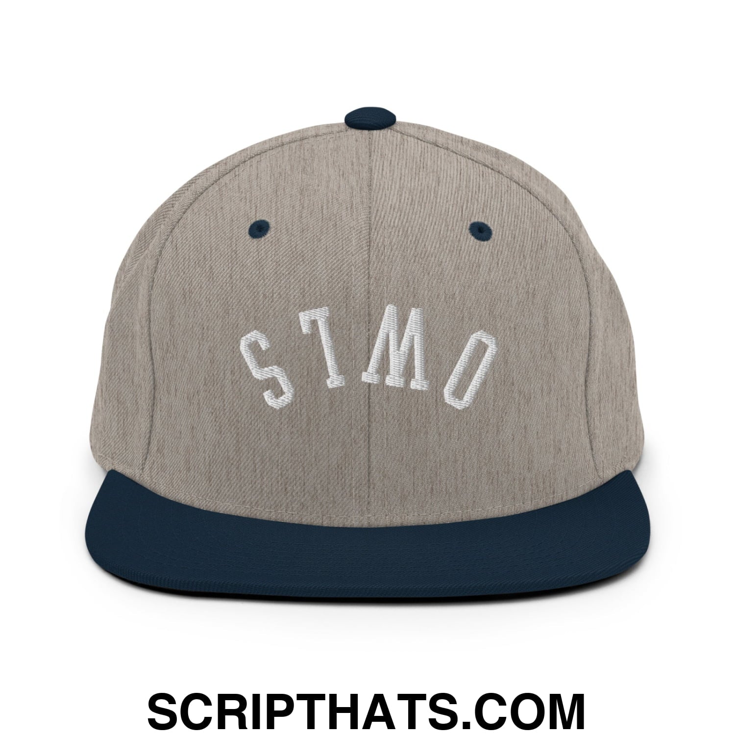 Gray and navy blue snapback hat with stmo white embroidered lettering and a flat bill brim by Upside Down Owls