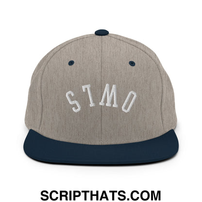 Gray and navy blue snapback hat with stmo white embroidered lettering and a flat bill brim by Upside Down Owls