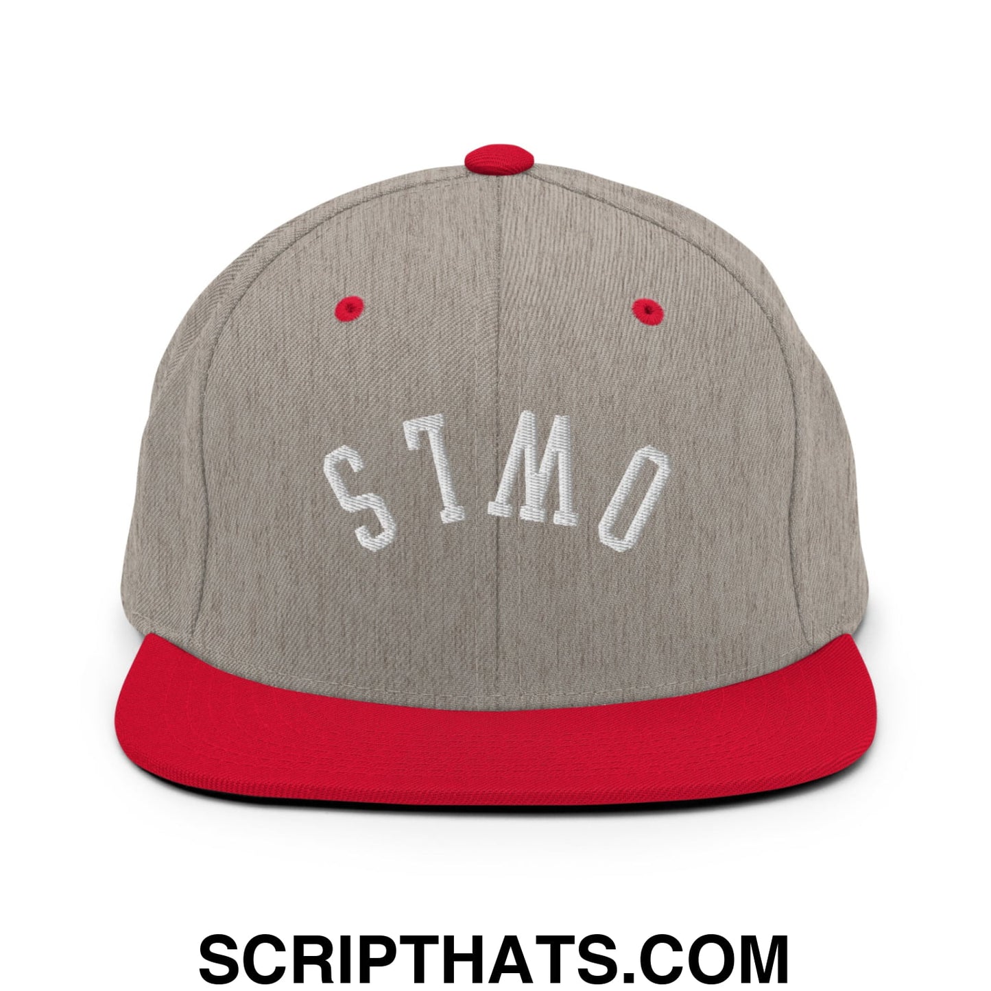 Gray and red snapback cap with white embroidered stmo lettering featuring a flat bill brim design