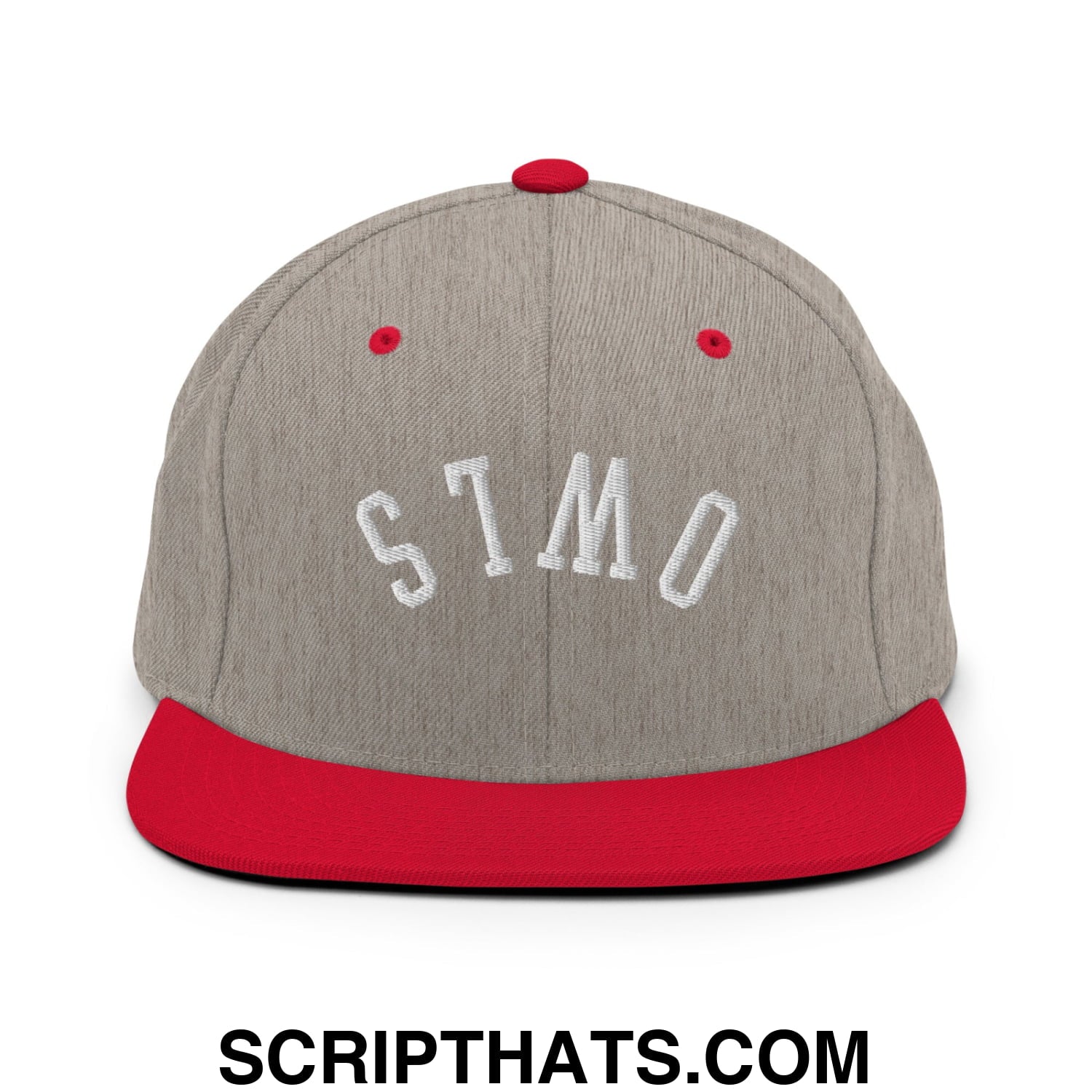 Gray and red snapback cap with white embroidered stmo lettering featuring a flat bill brim design