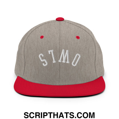Gray and red snapback cap with white embroidered stmo lettering featuring a flat bill brim design