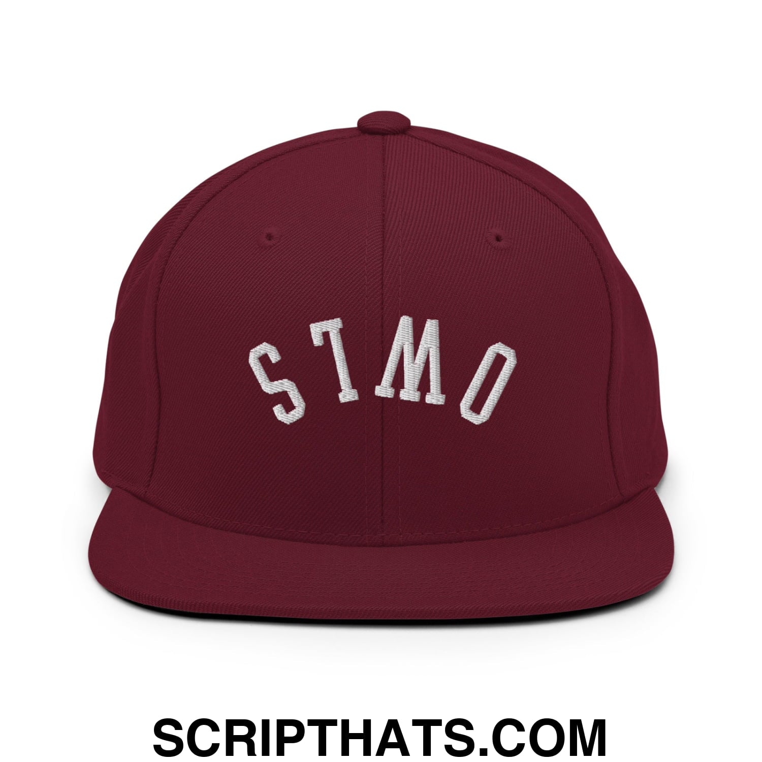 Maroon flat bill brim snapback hat with white embroidered stmo lettering from upside down owls collection