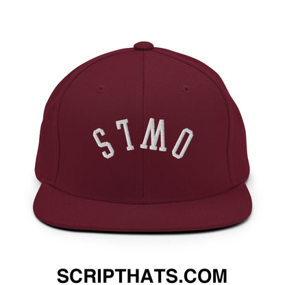 Maroon flat bill brim snapback hat with white embroidered stmo lettering from upside down owls collection