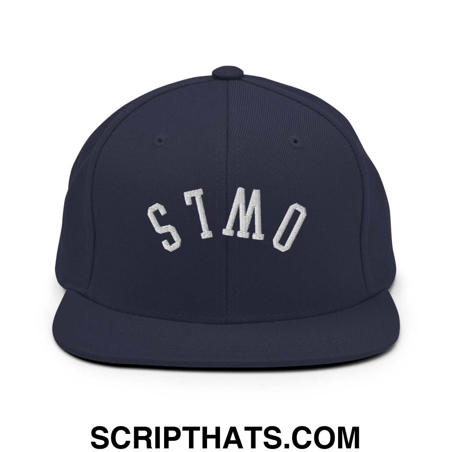 Navy blue flat bill snapback hat with white embroidered stmo lettering and upside down owls design on front