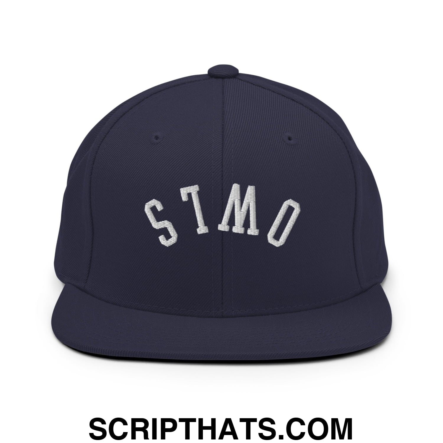 Navy blue flat bill snapback hat with white embroidered stmo lettering and upside down owls design on front