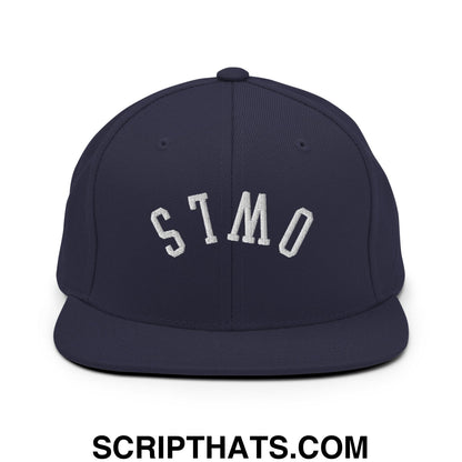Navy blue flat bill snapback hat with white embroidered stmo lettering and upside down owls design on front