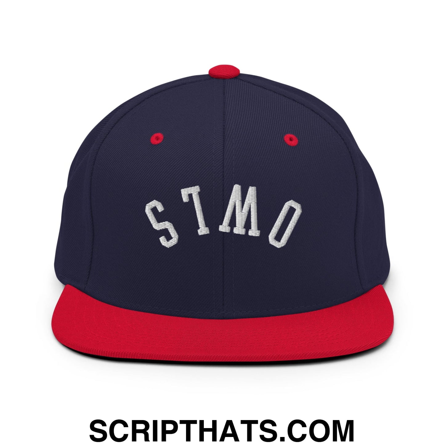 Navy blue and red snapback cap with white embroidered stmo lettering and flat bill brim by Upside Down Owls