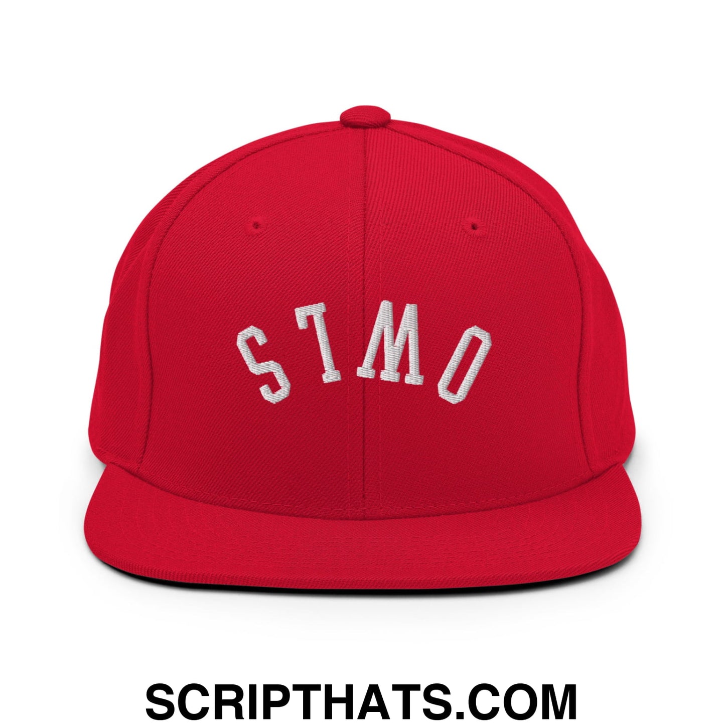 Red snapback cap with white embroidered stmo lettering featuring a flat bill brim from upside down owls