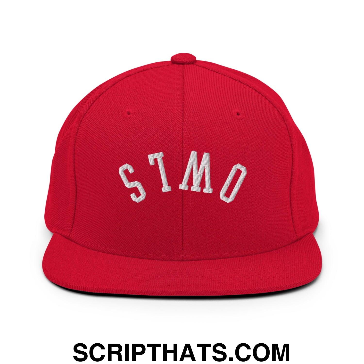 Red snapback cap with white embroidered stmo lettering featuring a flat bill brim from upside down owls
