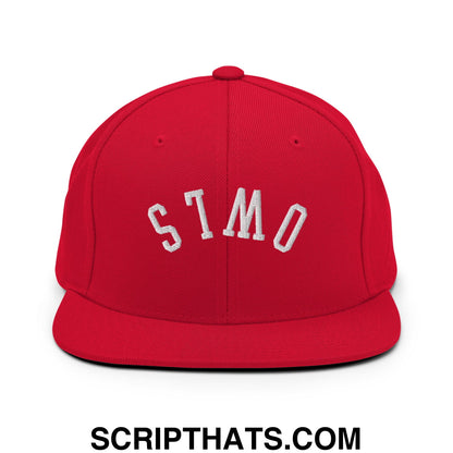 Red snapback cap with white embroidered stmo lettering featuring a flat bill brim from upside down owls