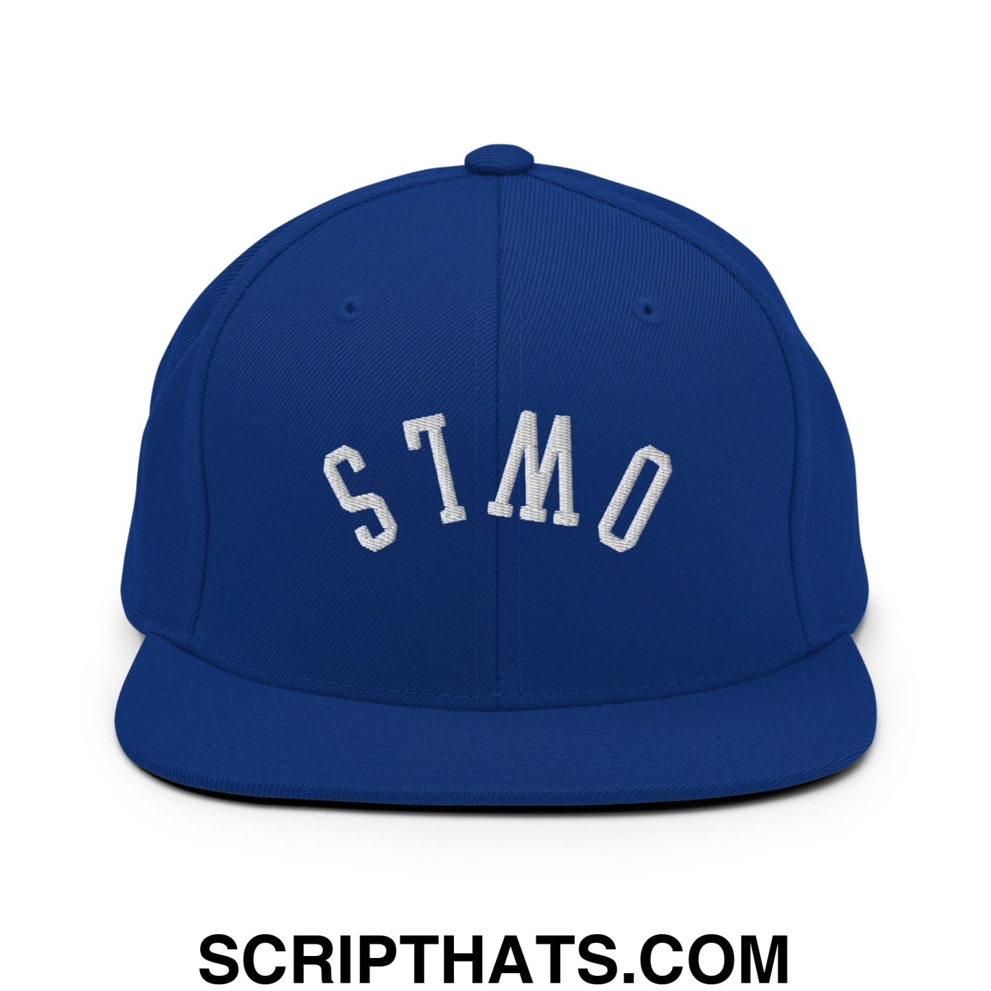 Royal blue flat bill snapback hat with white embroidered stmo lettering in classic arched design by upside down owls
