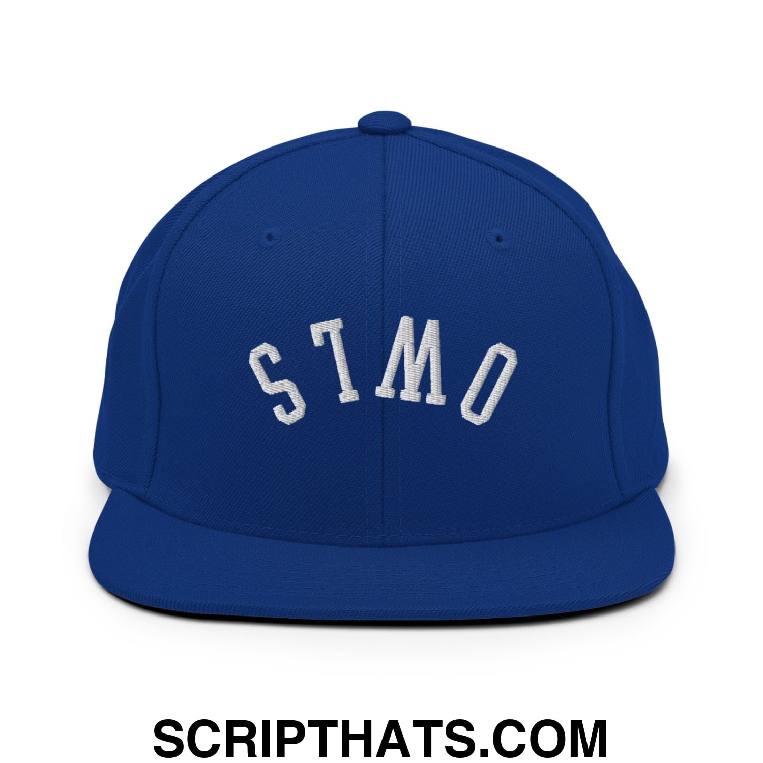 Royal blue flat bill snapback hat with white embroidered stmo lettering in classic arched design by upside down owls