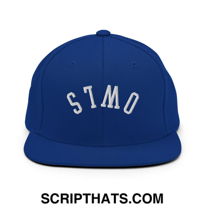 Royal blue flat bill snapback hat with white embroidered stmo lettering in classic arched design by upside down owls