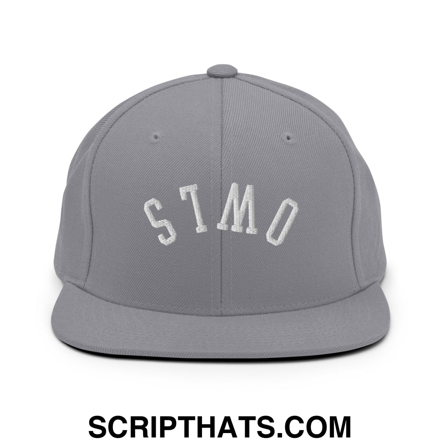 Gray flat bill brim snapback hat with white embroidered stmo lettering from upside down owls collection
