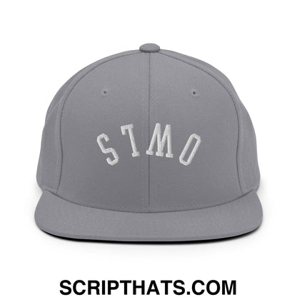 Gray flat bill brim snapback hat with white embroidered stmo lettering from upside down owls collection