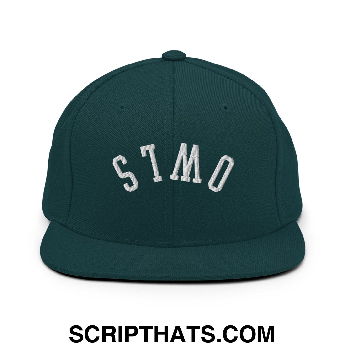 Dark green snapback cap with white embroidered stmo lettering from the upside down owls flat bill brim hat collection