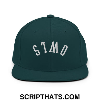Dark green snapback cap with white embroidered stmo lettering from the upside down owls flat bill brim hat collection