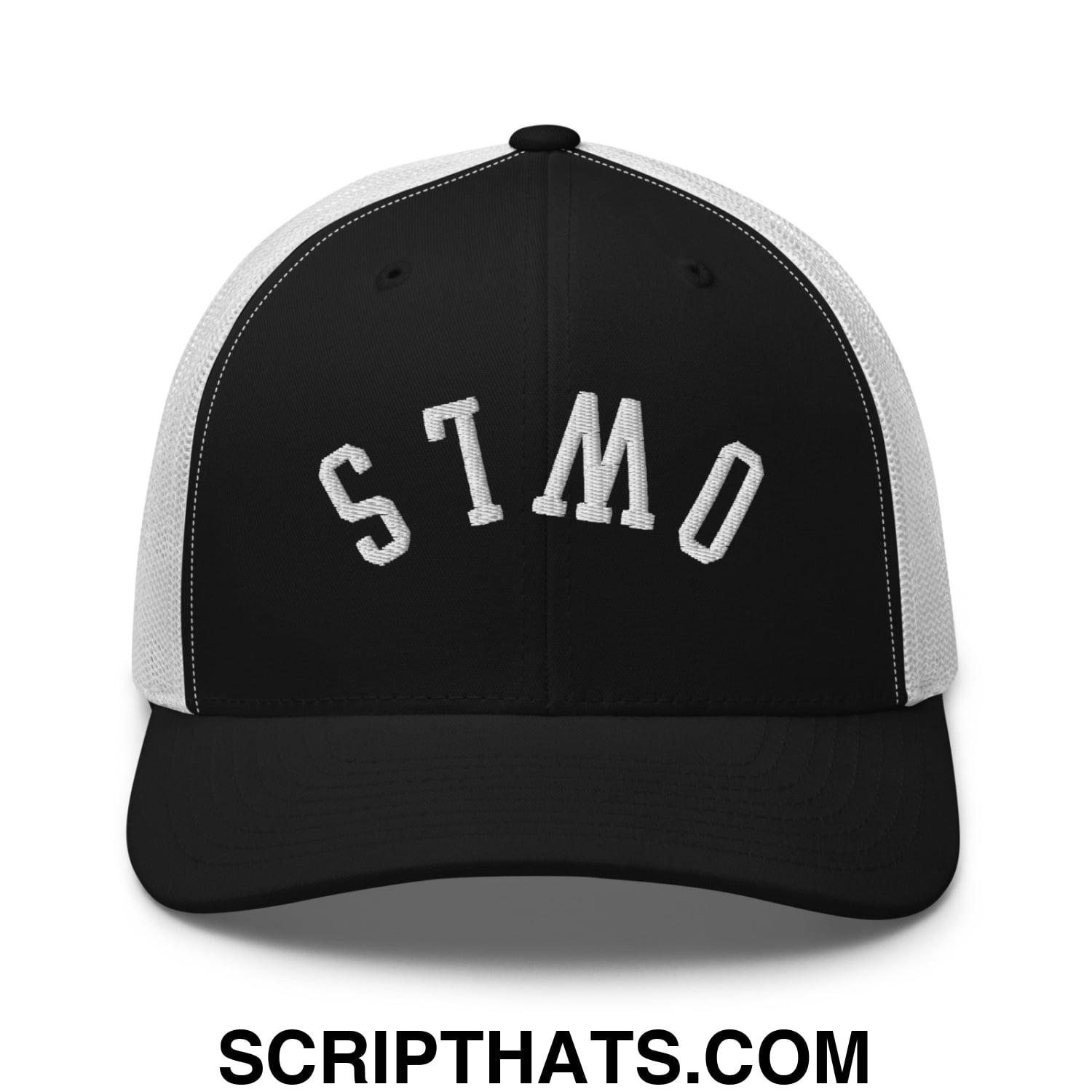 Upside Down Owls Embroidered Mesh Trucker Hat Black White