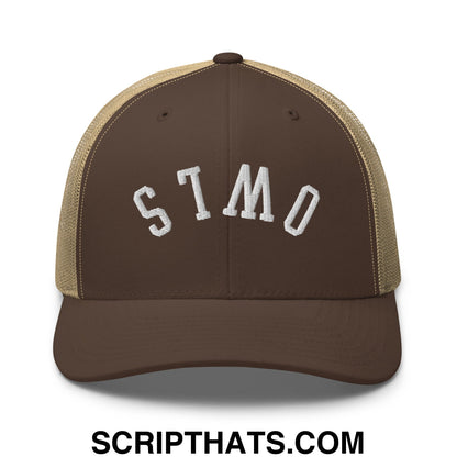 Upside Down Owls Embroidered Mesh Trucker Hat Brown Khaki