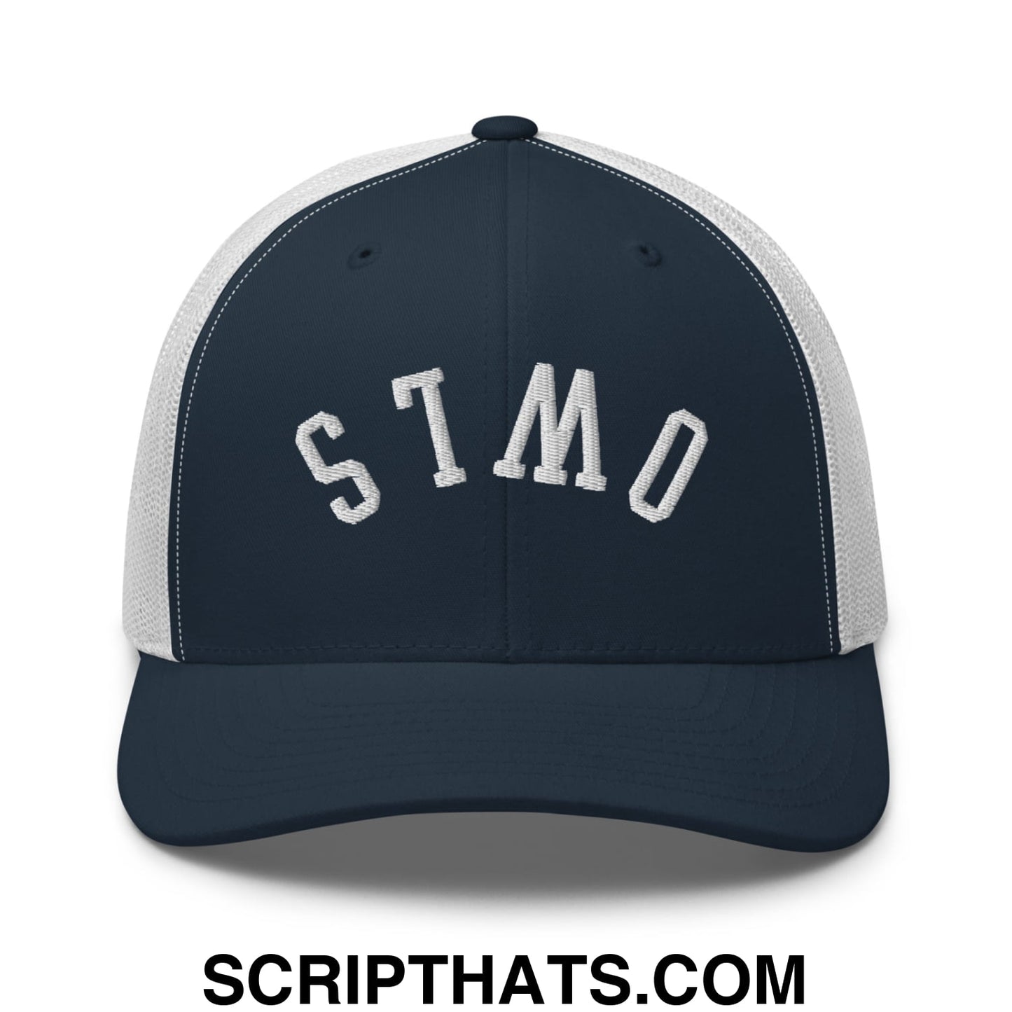 Upside Down Owls Embroidered Mesh Trucker Hat Navy White