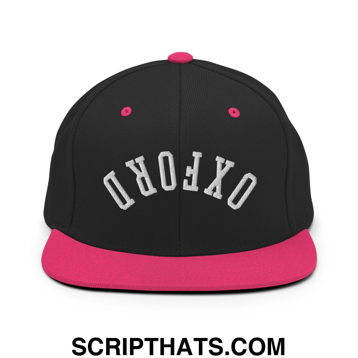 Upside Down Oxford Embroidered Flat Bill Brim Snapback Hat Black Neon Pink
