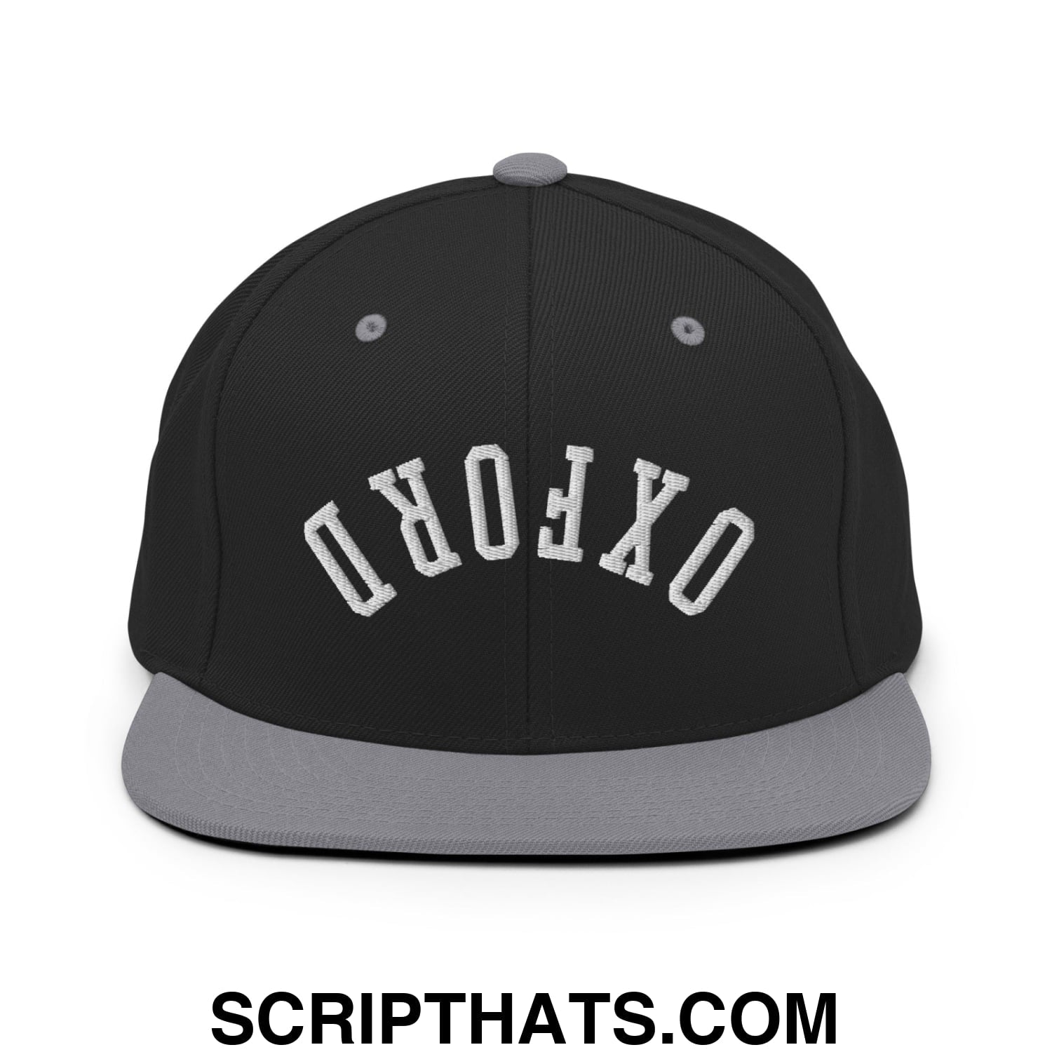 Upside Down Oxford Embroidered Flat Bill Brim Snapback Hat Black Silver
