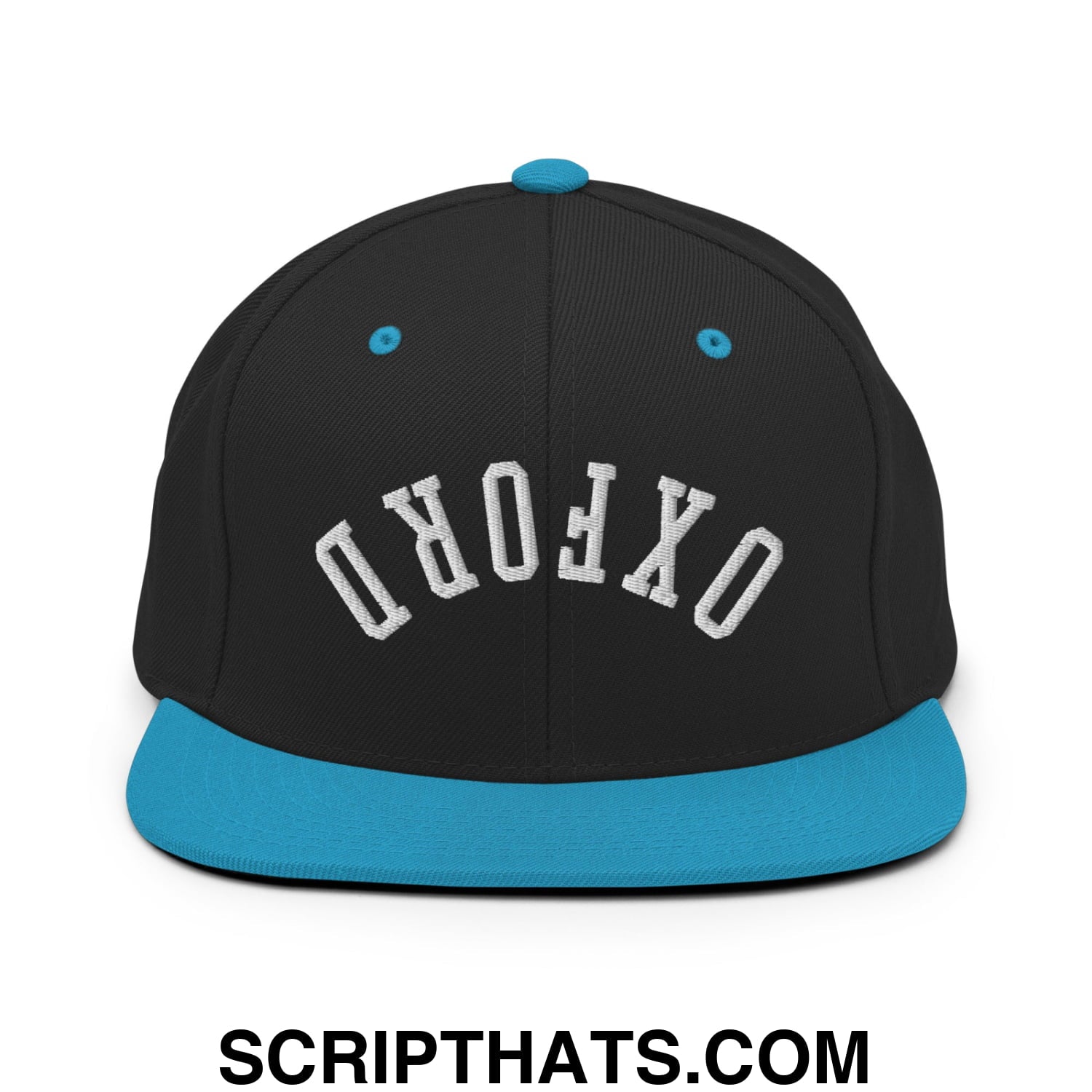 Upside Down Oxford Embroidered Flat Bill Brim Snapback Hat Black Teal
