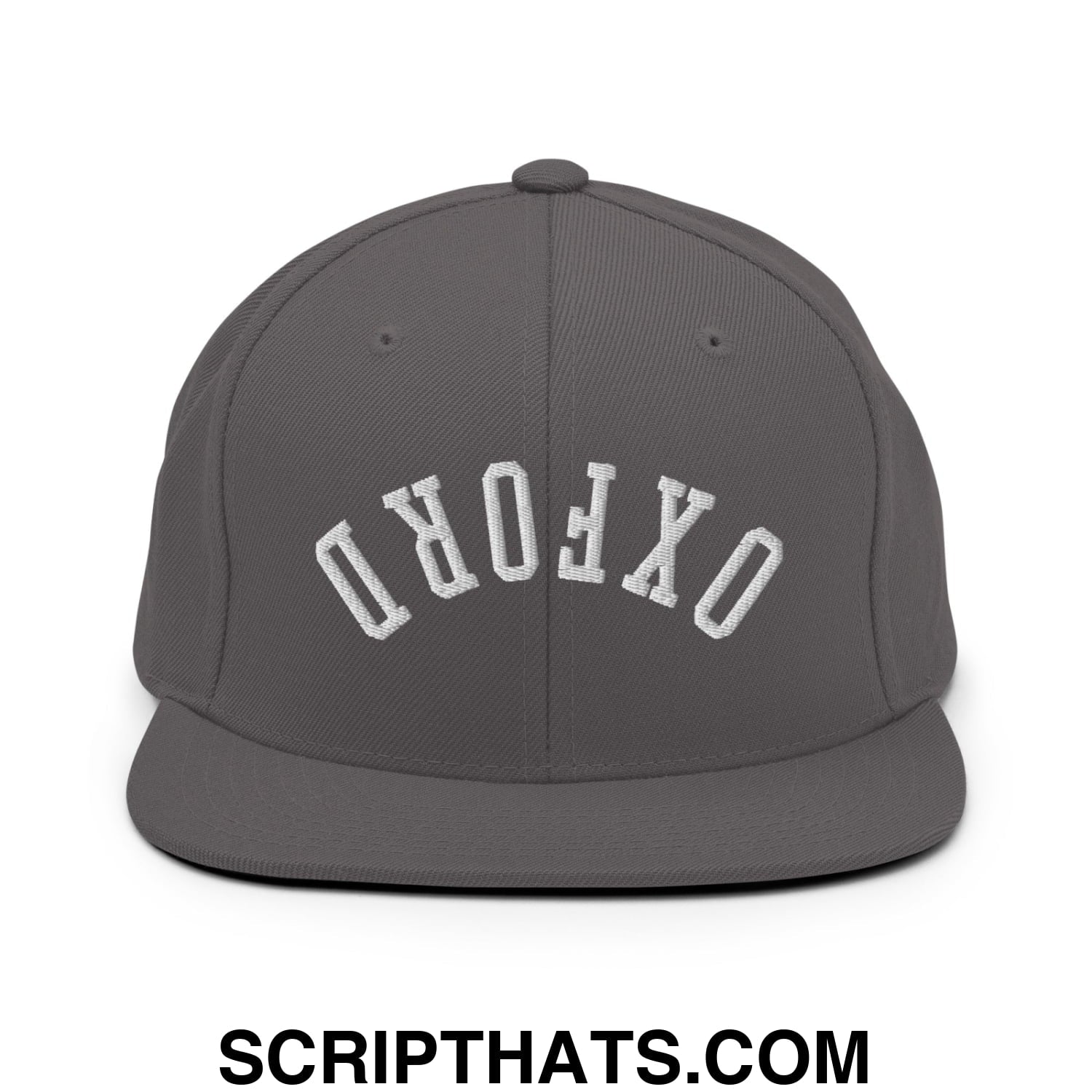 Upside Down Oxford Embroidered Flat Bill Brim Snapback Hat Dark Grey