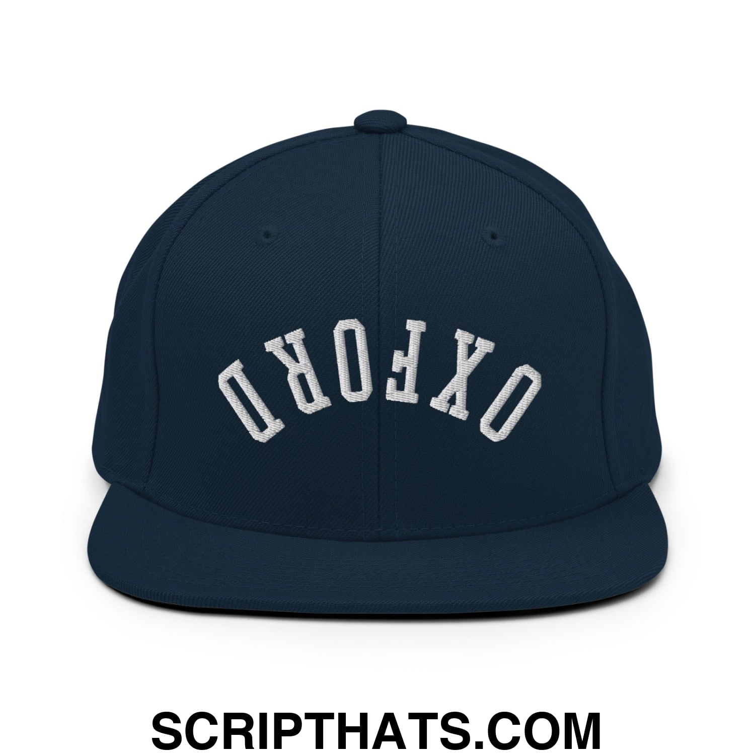 Upside Down Oxford Embroidered Flat Bill Brim Snapback Hat Dark Navy