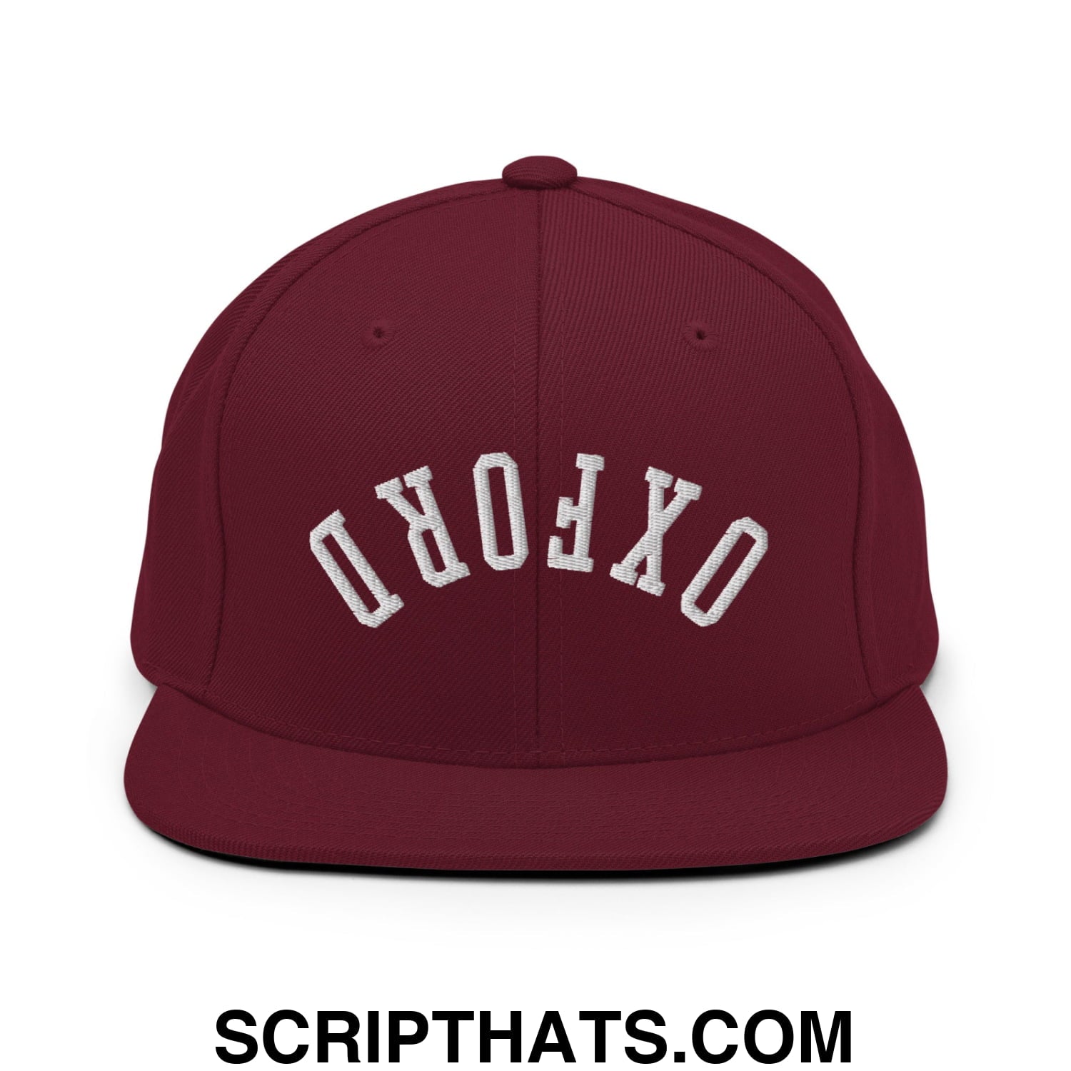 Upside Down Oxford Embroidered Flat Bill Brim Snapback Hat Maroon