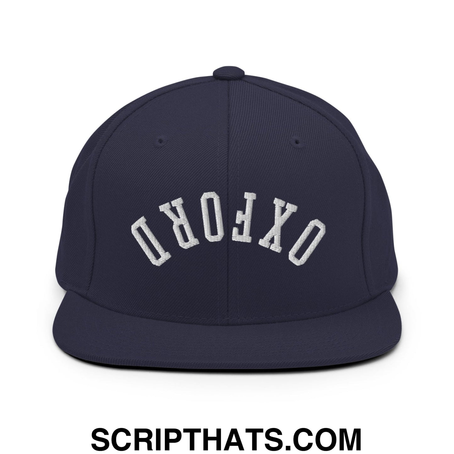 Upside Down Oxford Embroidered Flat Bill Brim Snapback Hat Navy