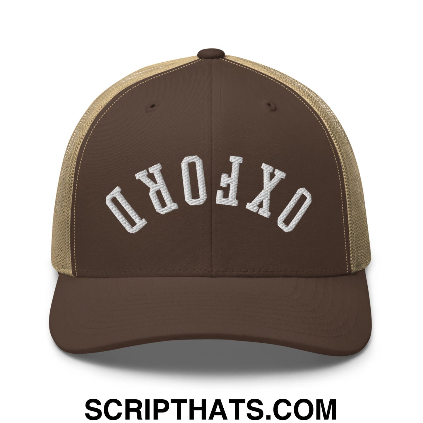 Upside Down Oxford Embroidered Mesh Trucker Hat Brown Khaki
