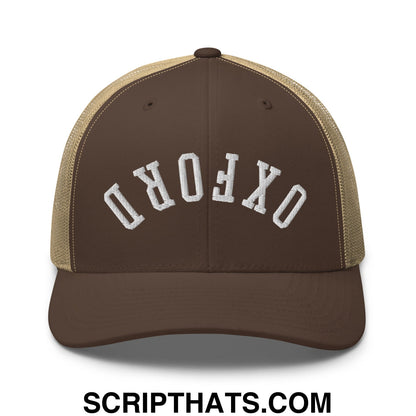 Upside Down Oxford Embroidered Mesh Trucker Hat Brown Khaki