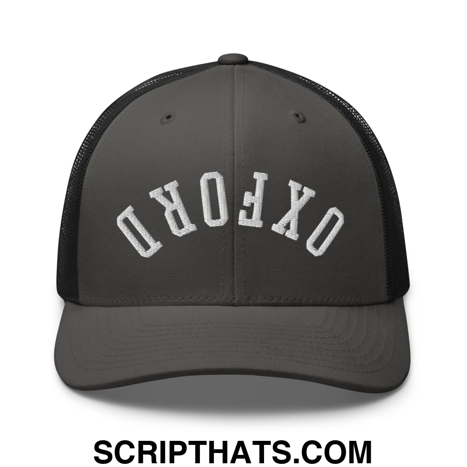 Upside Down Oxford Embroidered Mesh Trucker Hat Charcoal Black
