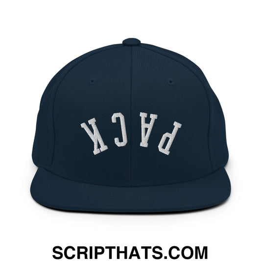 Navy blue snapback hat with white embroidered pack lettering and flat bill brim in classic arched design