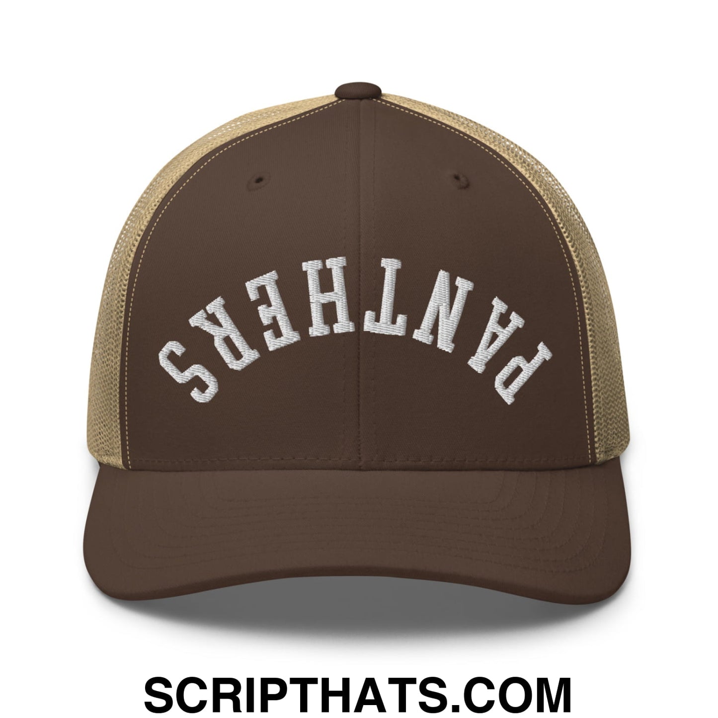 Brown and tan mesh trucker hat with white embroidered panthers lettering upside down design