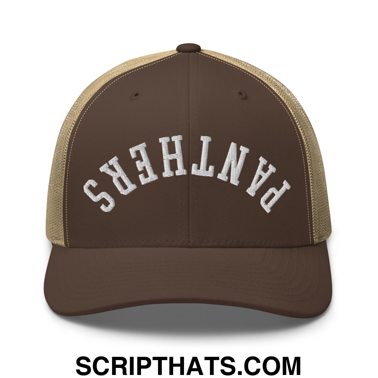 Brown and tan mesh trucker hat with white embroidered panthers lettering upside down design