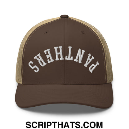 Brown and tan mesh trucker hat with white embroidered panthers lettering upside down design