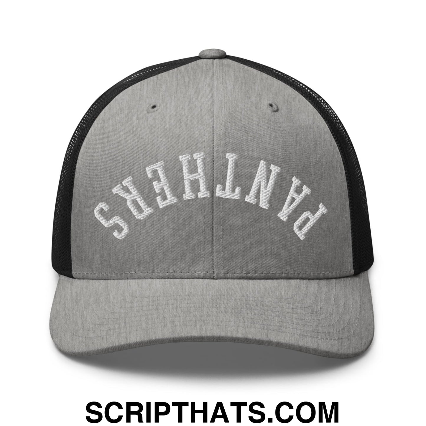 Gray and black mesh trucker hat with white embroidered panthers lettering upside down design