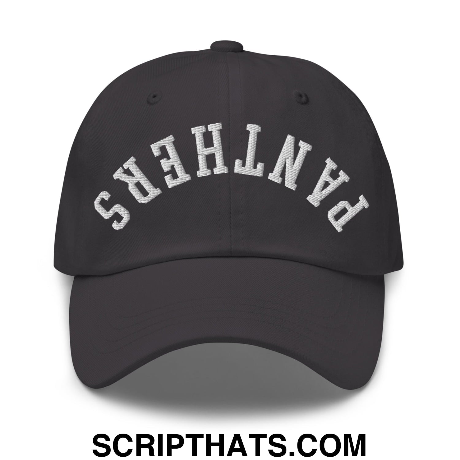Black unstructured dad hat with white embroidered panthers lettering in an arched design for casual wear