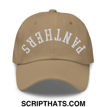 Beige unstructured dad hat with white embroidered panthers arch on front titled upside down panthers embroidered hat